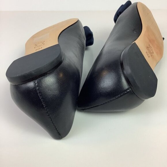 TORY BURCH NAVY LEATHER BOW LOGO POINTY BALLERINA FLATS - Picture 11 of 14